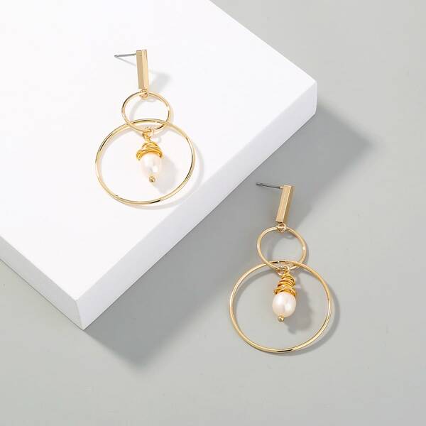 

Pearl Decor Round Drop Earrings, Gold