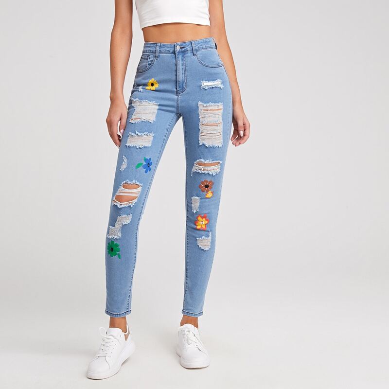 

High Waist Ripped Floral Print Cropped Jeans, Light wash