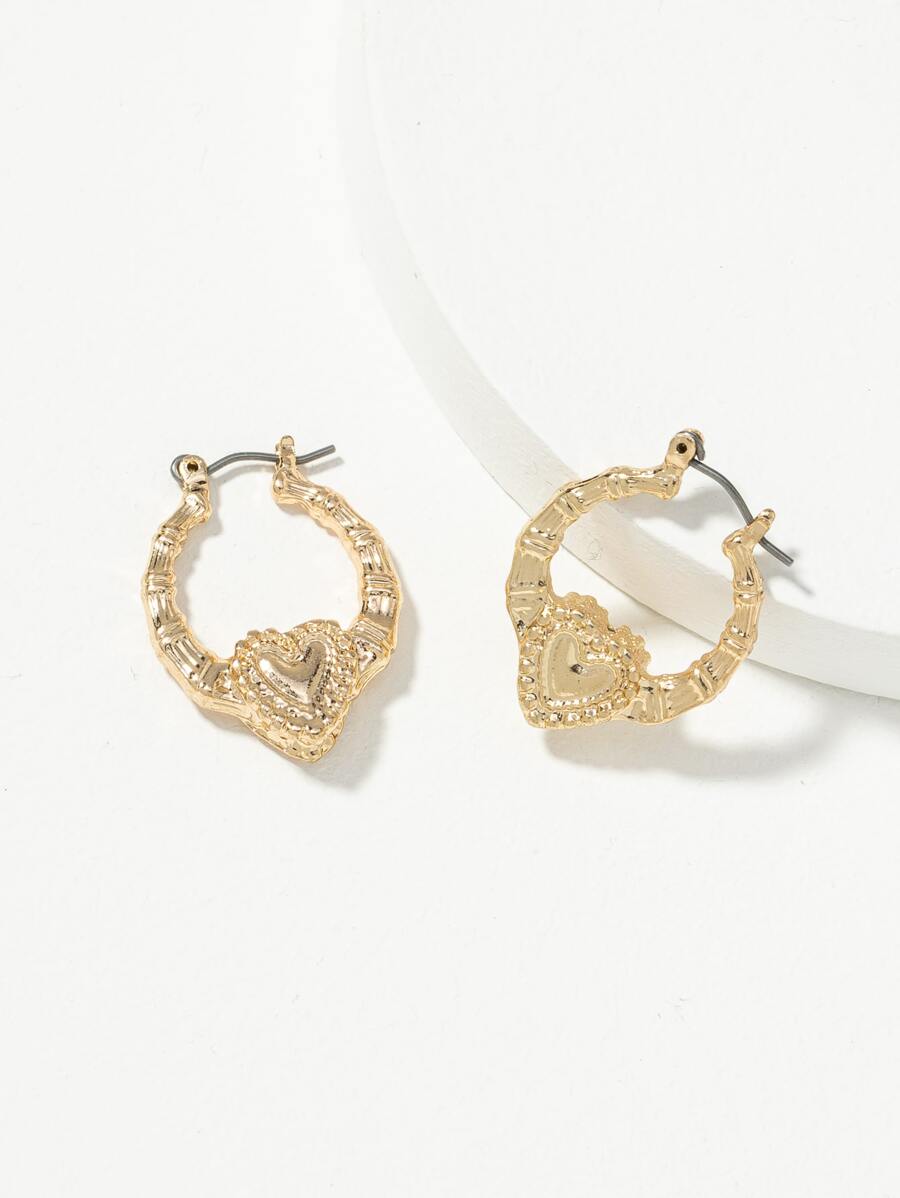 Bamboo Joint Heart Decor Hoop Earrings Valentines,Mom,Mother,Mother's Day,Gift - Yellow Gold - View 1