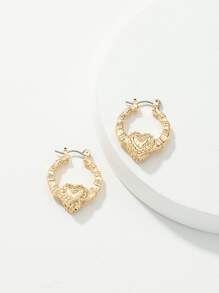 Bamboo Joint Heart Decor Hoop Earrings Valentines,Mom,Mother,Mother's Day,Gift - Yellow Gold - View 3