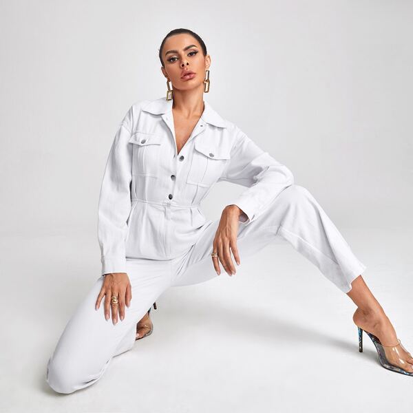 

Flap Pocket Shirt Denim Jumpsuit, White