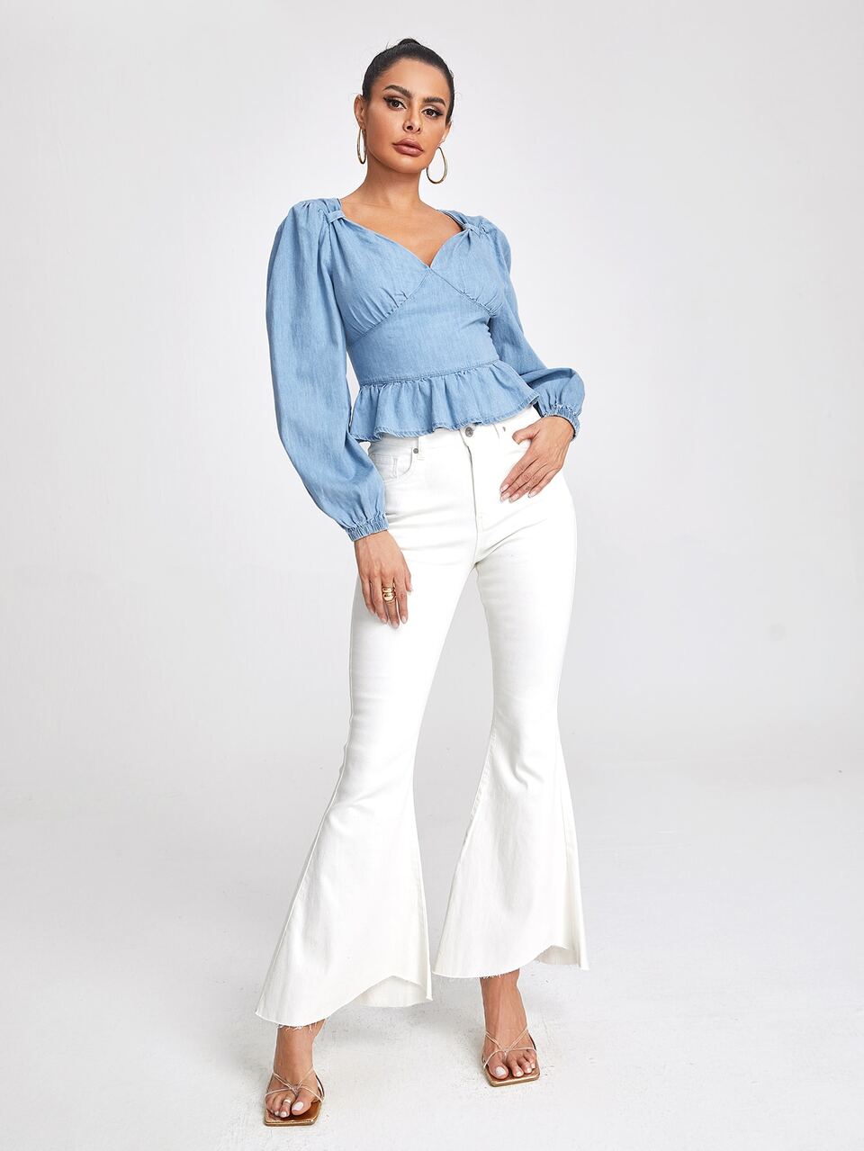 Lantern Sleeve Ruffle Hem Denim Top