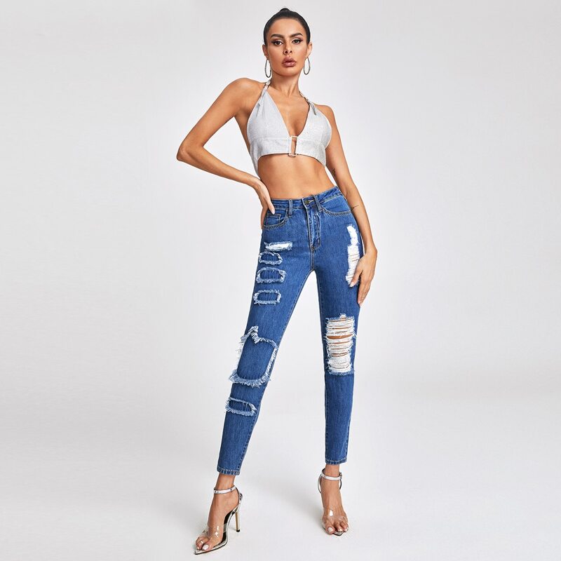 

High Waist Ripped Skinny Jeans, Medium wash