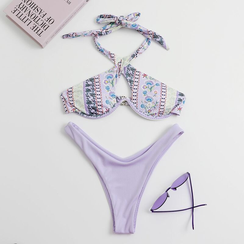 

Floral Crisscross Underwire Bikini Swimsuit, Purple