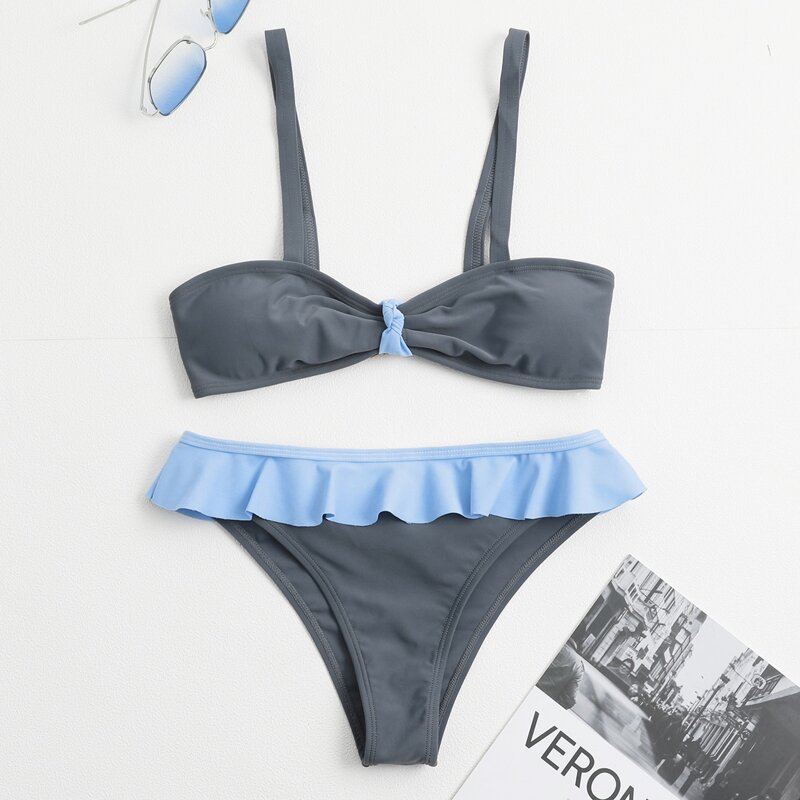 

Ruffle Trim Bikini Swimsuit, Dusty blue