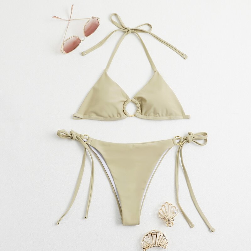 

Ring Decor Tie Side Bikini Swimsuit, Khaki