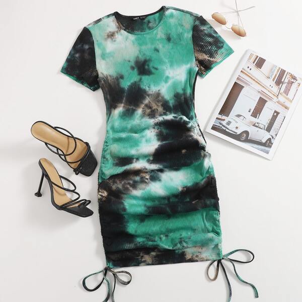 

Drawstring Ruched Side Rib-knit Tie Dye Dress, Green