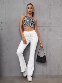 SHEIN Essnce Jeans con cierre de botones, bajo crudo y pierna acampanada - Blanco - Ver 3