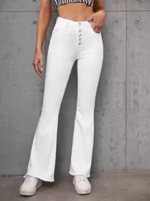 SHEIN Essnce Jeans con cierre de botones, bajo crudo y pierna acampanada - Blanco - Ver 4