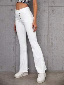 SHEIN Essnce Jeans con cierre de botones, bajo crudo y pierna acampanada - Blanco - Ver 5