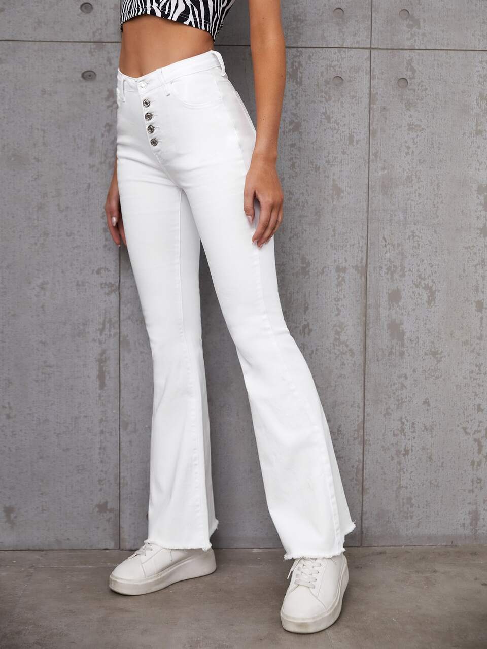 Button Fly Raw Hem Flare Leg Jeans
