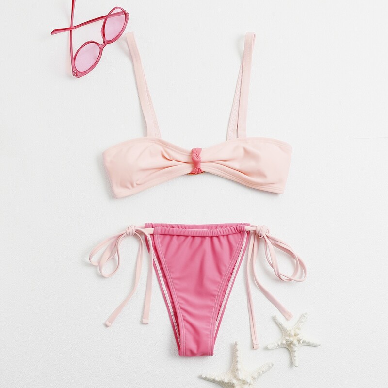 

Two Tone Tie Side Bikini Swimsuit, Pink