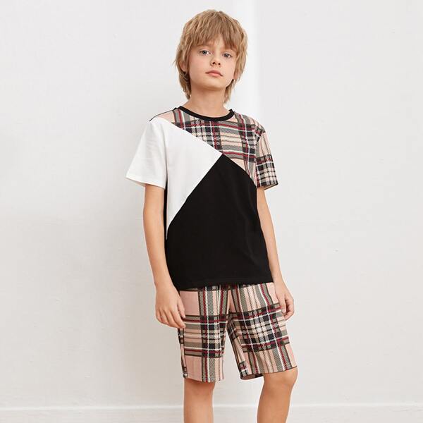 

Boys Colorblock Top & Plaid Shorts Set, Multicolor