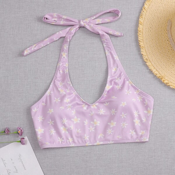 

Allover Floral Pattern Rib Bikini Top, Multicolor
