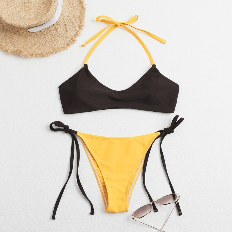 

Two Tone Tie Side Bikini Swimsuit, Multicolor