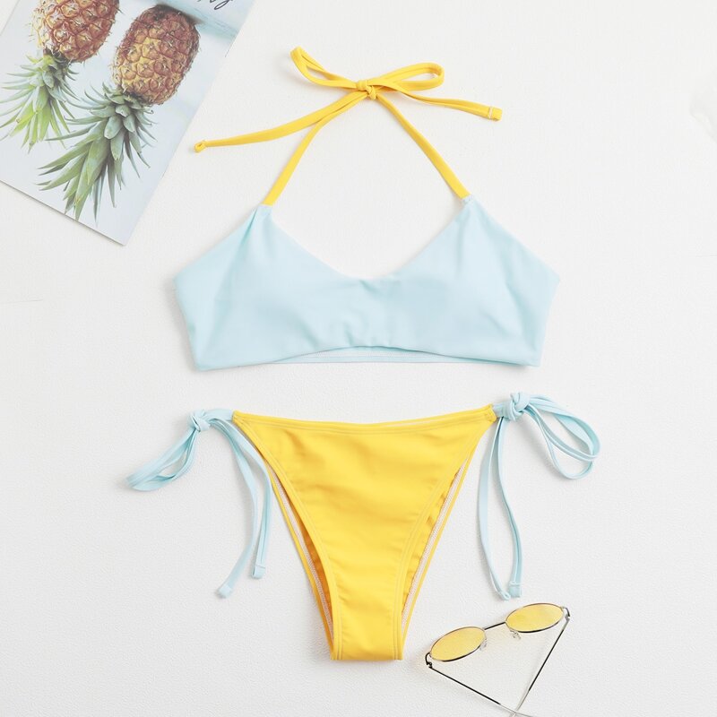 

Two Tone Tie Side Bikini Swimsuit, Multicolor