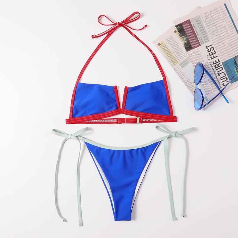 

Contrast Binding V-wired Bikini Swimsuit, Multicolor