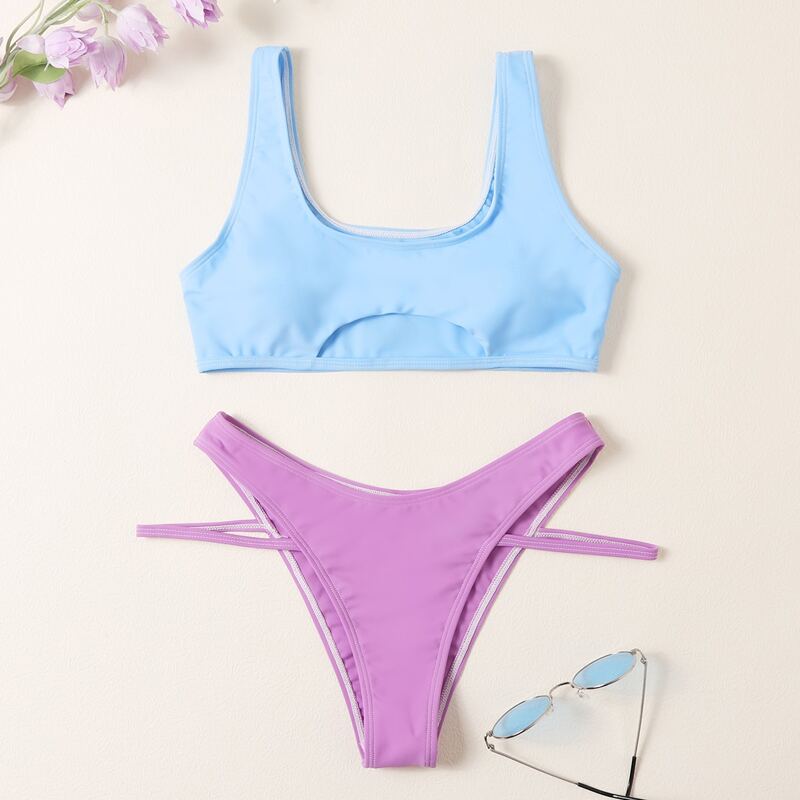 

Two Tone Cut-out Bikini Swimsuit, Multicolor