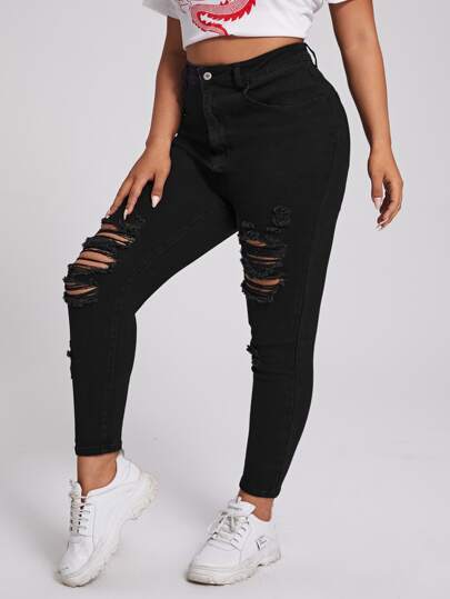 SHEIN Essnce Plus Slant Pocket Ripped Skinny Jeans