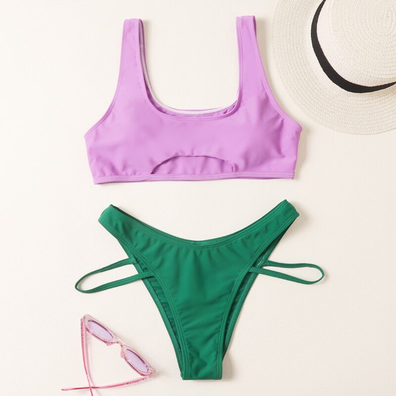 

Two Tone Cut-out Bikini Swimsuit, Multicolor