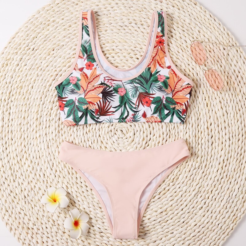 

Leaf Print Tank Bikini Swimsuit, Multicolor