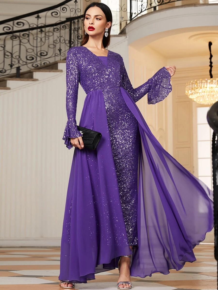 SHEIN Flounce Sleeve Sequin Dress - Purple - View 1