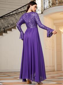 SHEIN Flounce Sleeve Sequin Dress - Purple - View 2