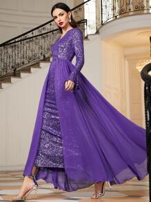 SHEIN Flounce Sleeve Sequin Dress - Purple - View 3