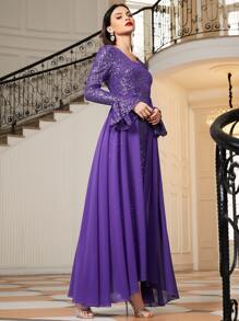 SHEIN Flounce Sleeve Sequin Dress - Purple - View 4