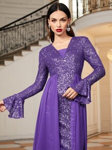 SHEIN Flounce Sleeve Sequin Dress - Purple - View 5