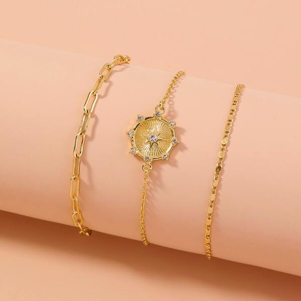

3pcs Rhinestone Decor Chain Bracelet, Gold