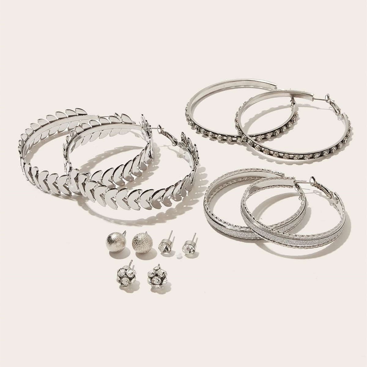 

6pairs Rhinestone Earring Set, Silver