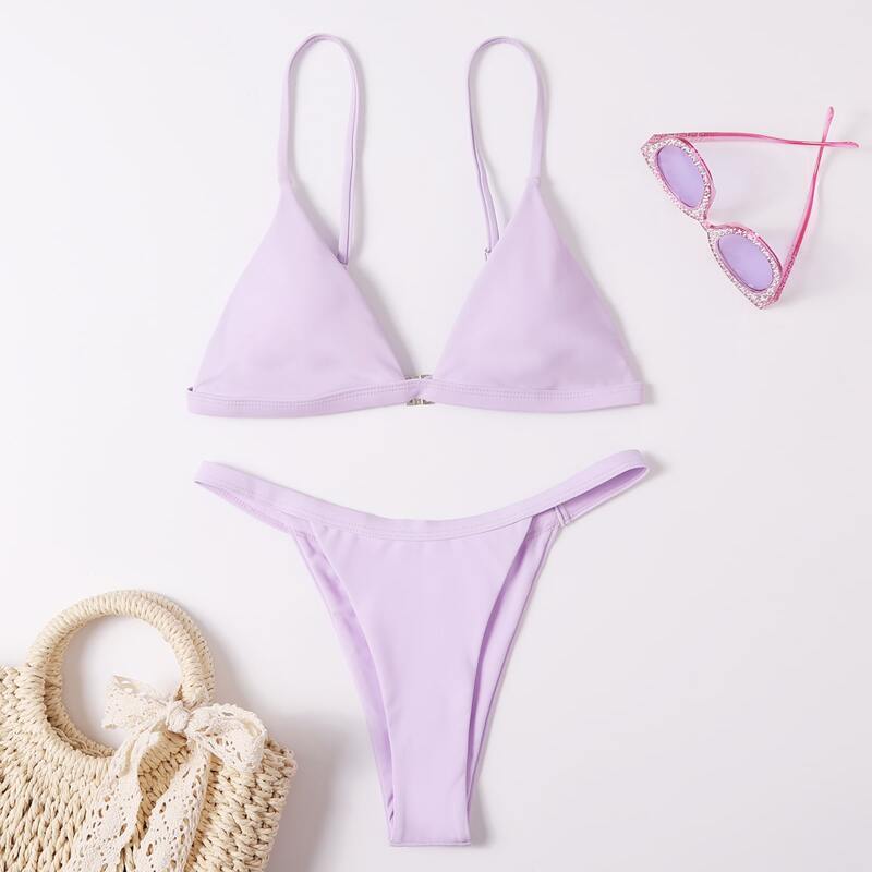 

Solid Triangle Thong Bikini Swimsuit, Lilac purple