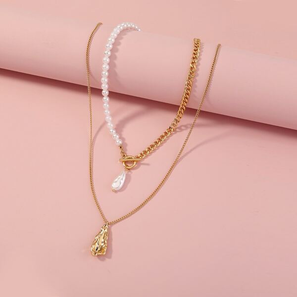 

2pcs Faux Pearl Charm Necklace, Gold