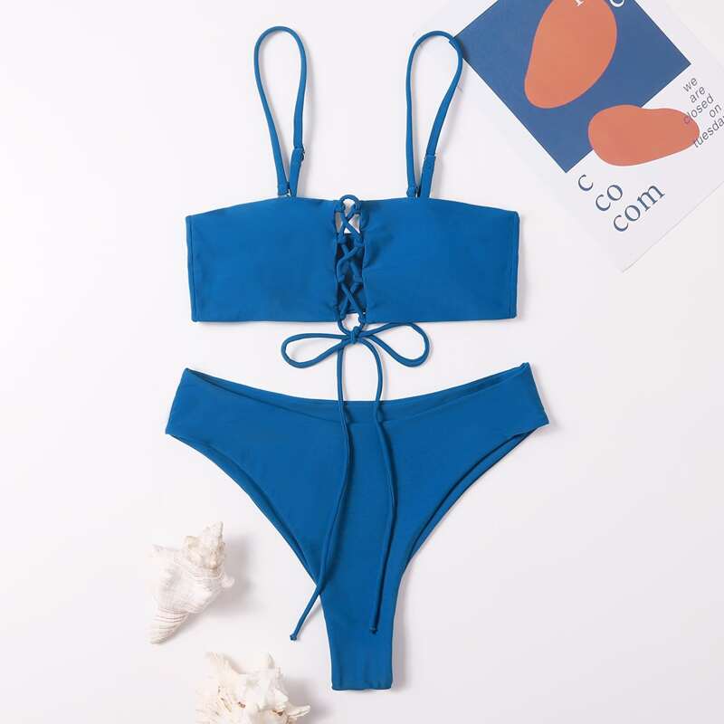 

Lace-up Front Bikini Swimsuit, Blue