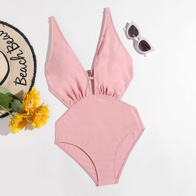 

Solid Plunging One Piece Swimsuit, Baby pink