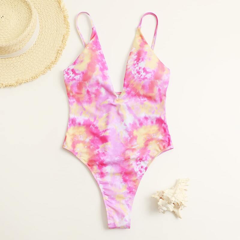 

Tie Dye Plunging One Piece Swimsuit, Multicolor