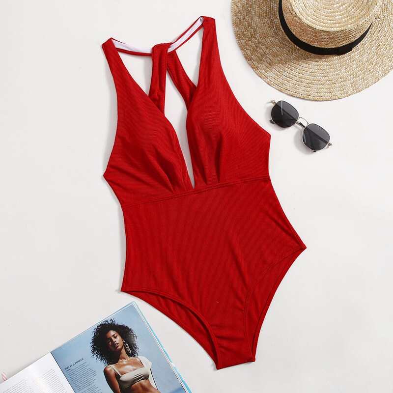 

Ribbed Plunging One Piece Swimsuit, Red