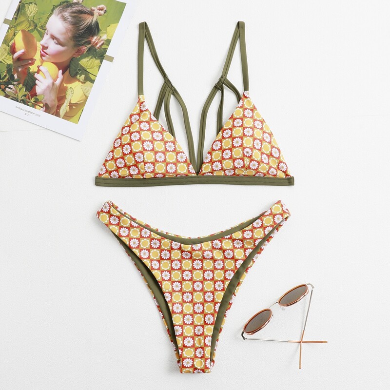 

Floral Triangle High Leg Bikini Swimsuit, Multicolor
