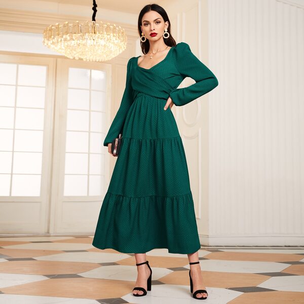 

Surplice Neck Crisscross Wrap Tiered Hem Solid Dress, Dark green