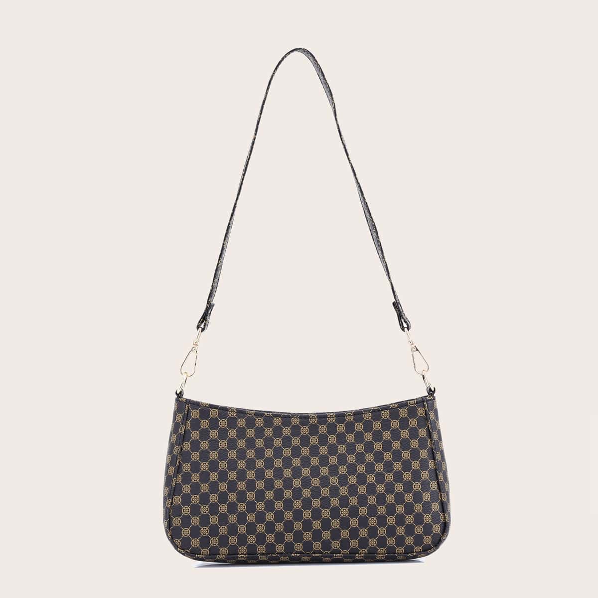 

Geometric Print Baguette Bag, Coffee brown