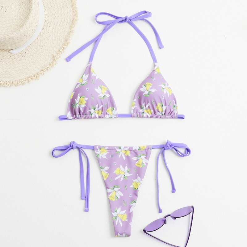 

Floral Tie Side Thong Bikini Swimsuit, Multicolor