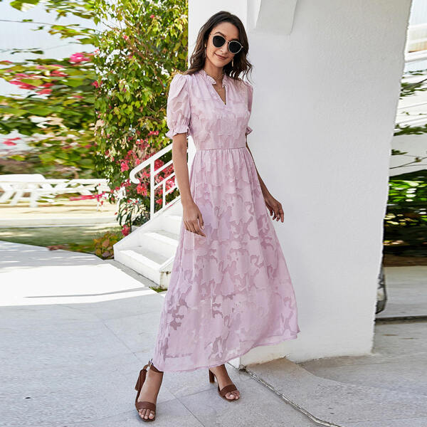 

Solid Notched Neck Puff Sleeve A-line Dress, Dusty pink