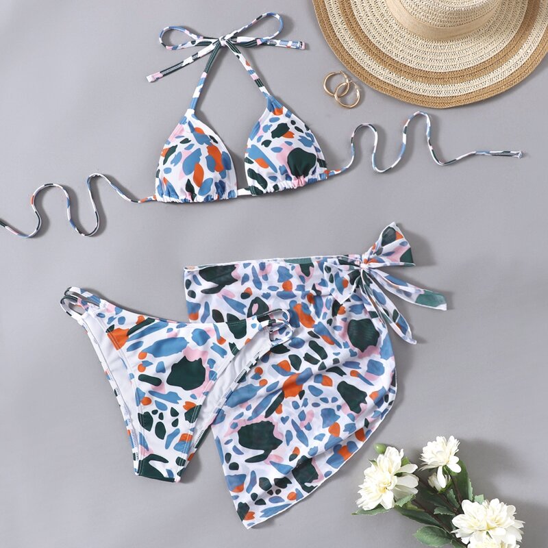 

3pack Allover Print Halter Bikini Swimsuit & Beach Skirt, Multicolor