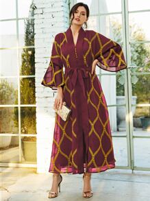 Al Najma Embroidery Self Tie Flounce Sleeve Dress Kaftan Jalabiya Dress - Maroon - View 1