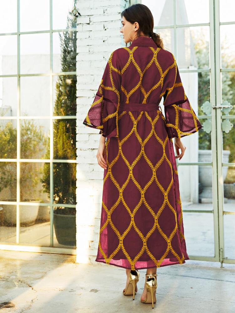 Embroidery Self Tie Flounce Sleeve Dress Kaftan Jalabiya Dress