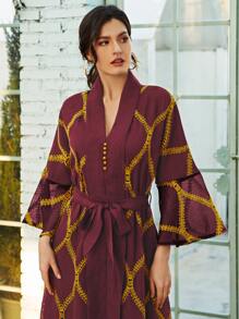 Al Najma Embroidery Self Tie Flounce Sleeve Dress Kaftan Jalabiya Dress - Maroon - View 3