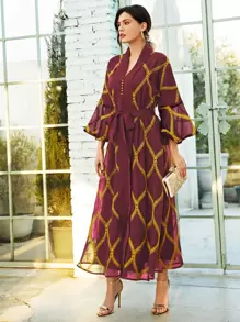 Al Najma Embroidery Self Tie Flounce Sleeve Dress Kaftan Jalabiya Dress - Maroon - View 5