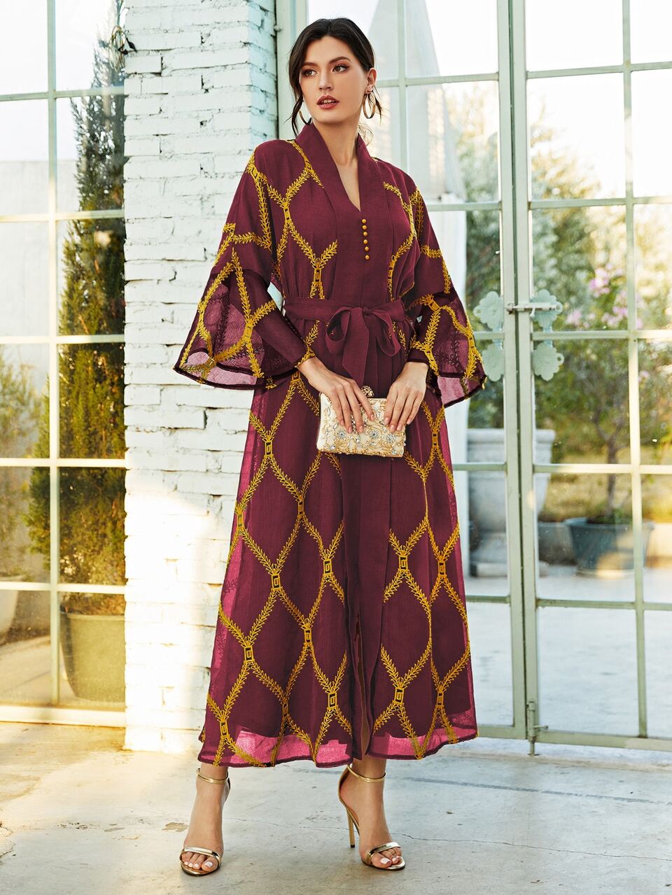Embroidery Self Tie Flounce Sleeve Dress Kaftan Jalabiya Dress