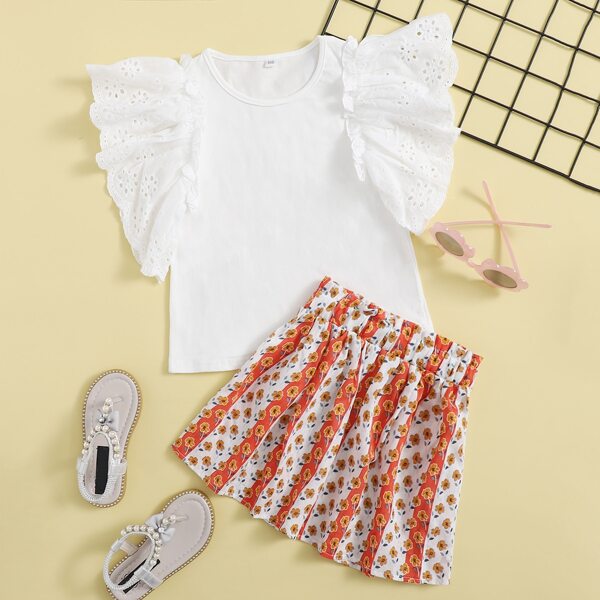 

Toddler Girls Eyelet Embroidery Butterfly Sleeve Tee & Floral Shorts, Multicolor
